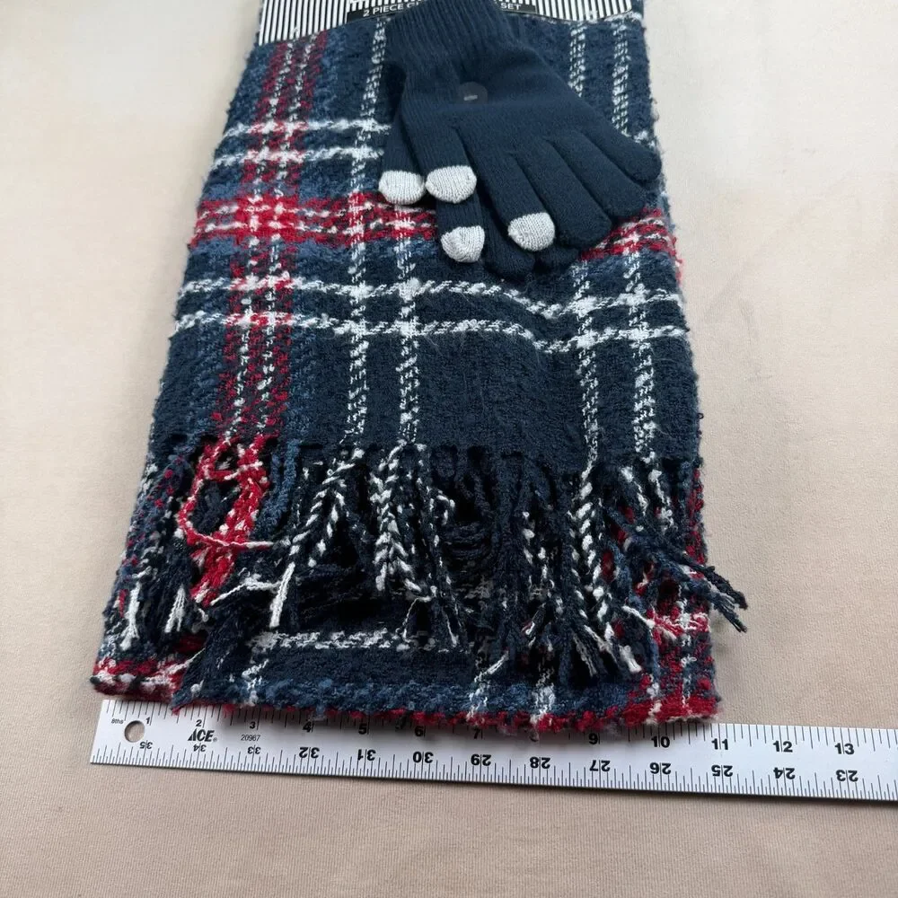 Alexis Bendel Plaid Scarf & Gloves 2 Pc Set Navy Red White Soft Cozy New